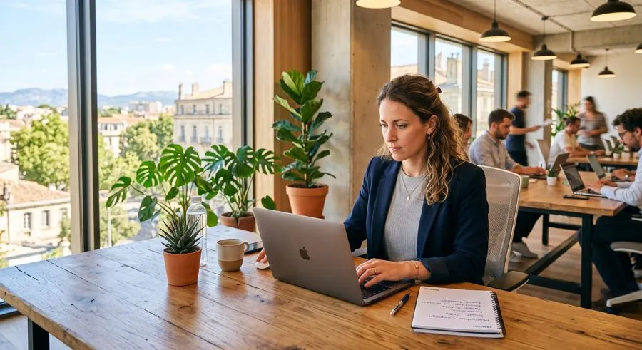 Consultante pilotant une campagne Google Ads sur son ordinateur