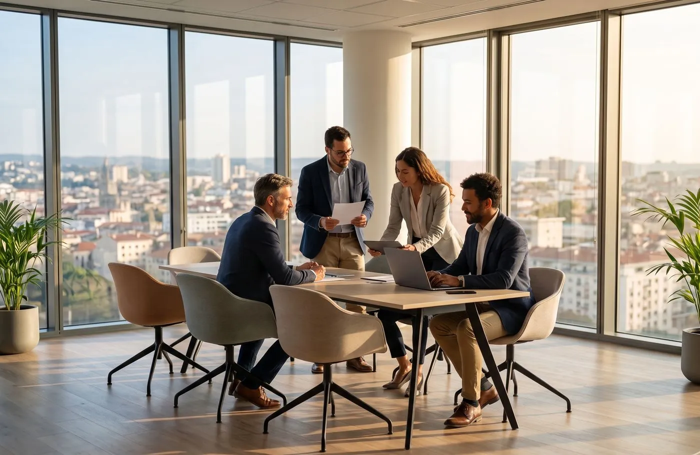 L'équipe LocalSud en réunion de travail dans des bureaux lumineux avec vue sur la ville